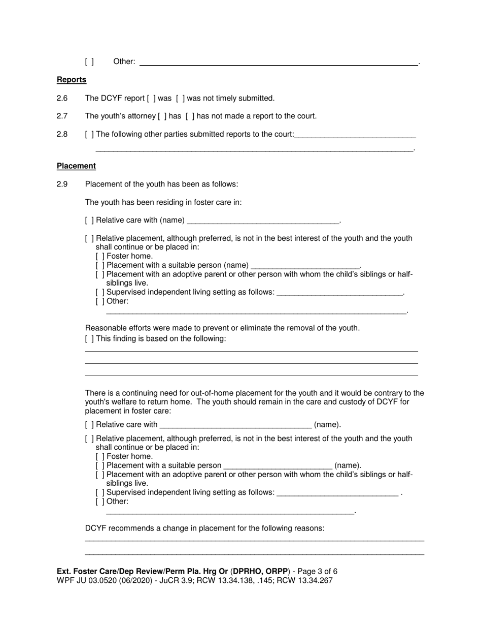 Form WPF JU03.0520 Extended Foster Care / Dependency Review Hearing Order (Dprho) / Permanency Planning Hearing Order (Orpp) - Washington, Page 3