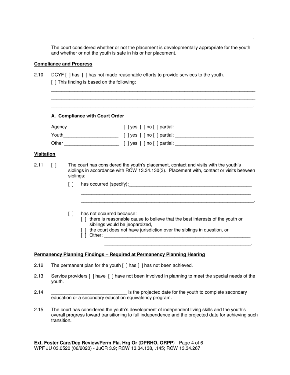 Form WPF JU03.0520 Extended Foster Care / Dependency Review Hearing Order (Dprho) / Permanency Planning Hearing Order (Orpp) - Washington, Page 4