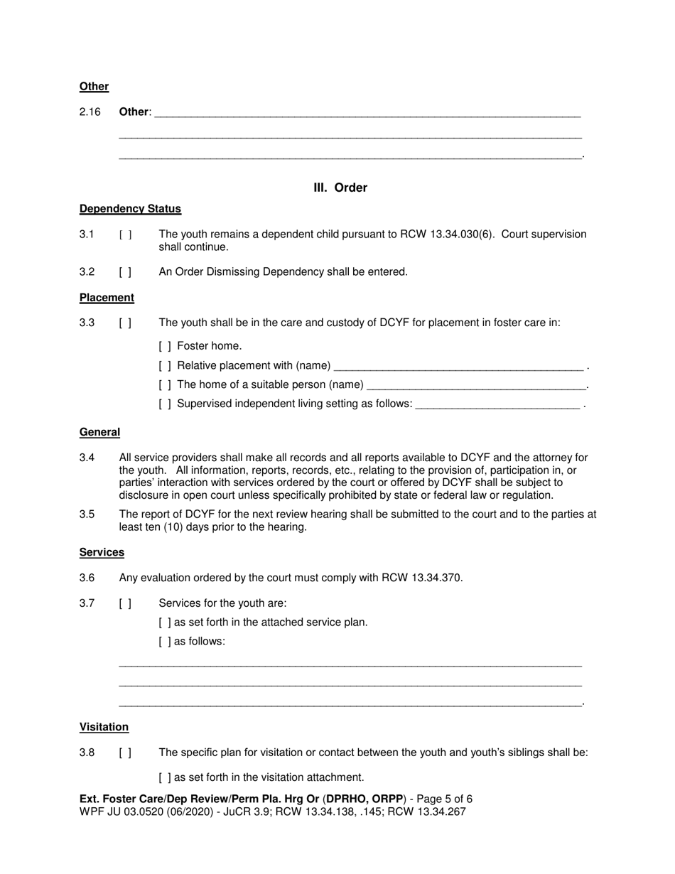 Form WPF JU03.0520 Extended Foster Care / Dependency Review Hearing Order (Dprho) / Permanency Planning Hearing Order (Orpp) - Washington, Page 5