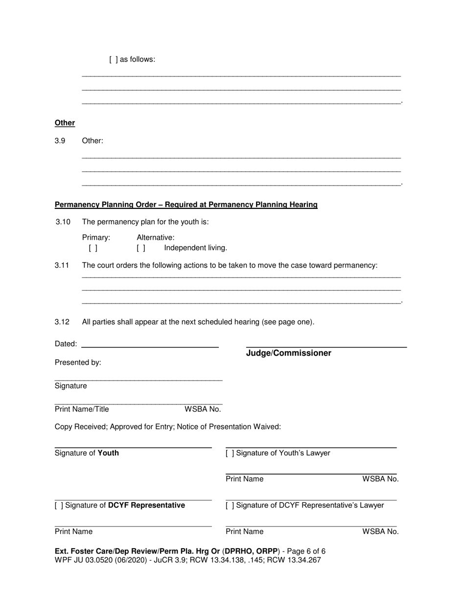 Form WPF JU03.0520 Extended Foster Care / Dependency Review Hearing Order (Dprho) / Permanency Planning Hearing Order (Orpp) - Washington, Page 6