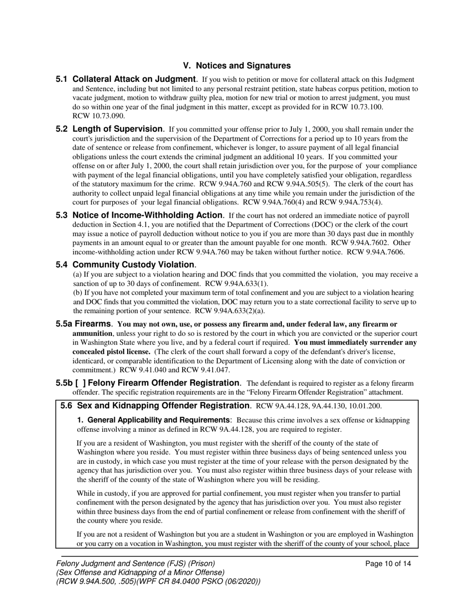 Form WPF CR84.0400 PSKO Felony Judgment and Sentence  Prison (Sex Offense and Kidnapping of a Minor) - Washington, Page 10