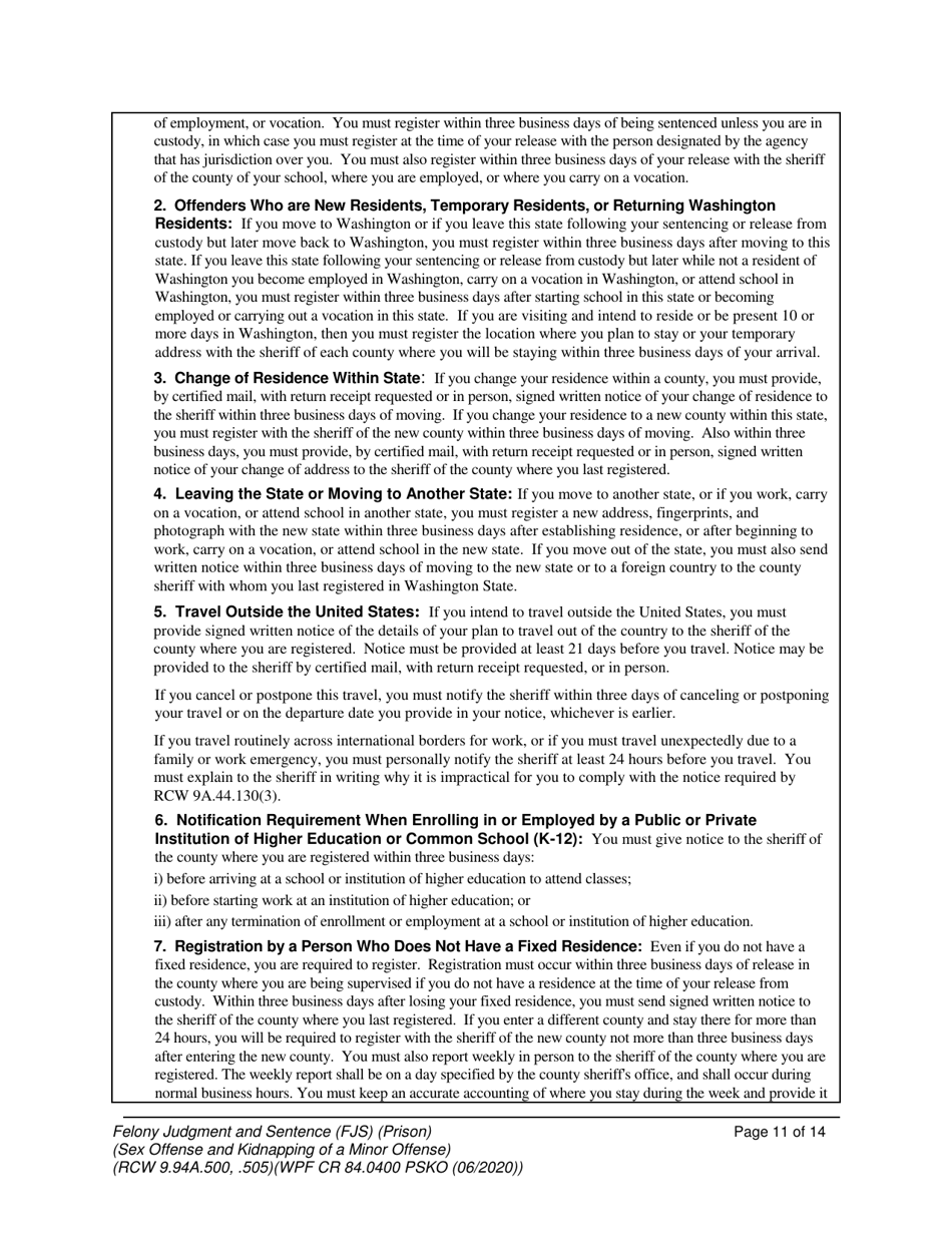 Form WPF CR84.0400 PSKO Felony Judgment and Sentence  Prison (Sex Offense and Kidnapping of a Minor) - Washington, Page 11