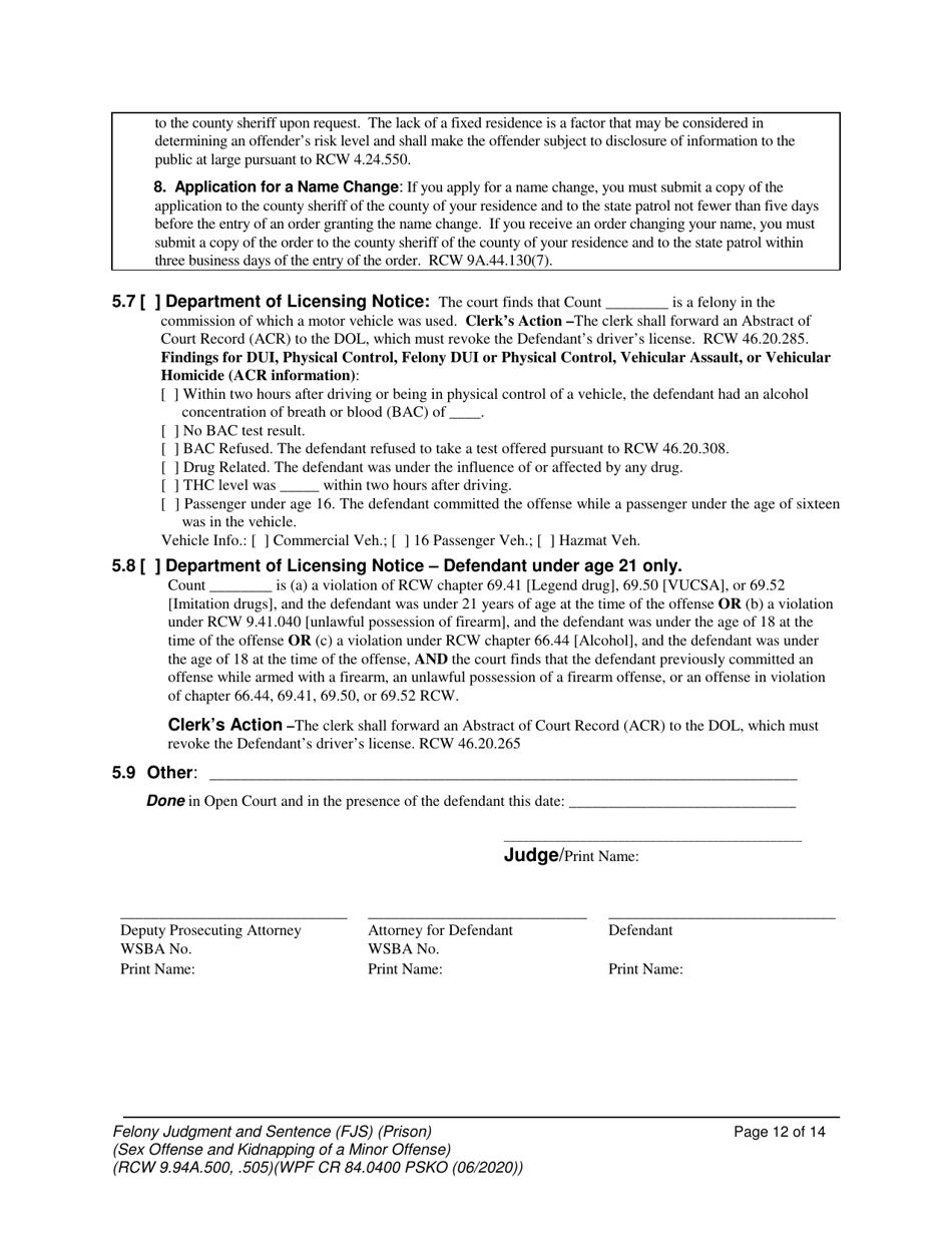 Form WPF CR84.0400 PSKO Felony Judgment and Sentence  Prison (Sex Offense and Kidnapping of a Minor) - Washington, Page 12