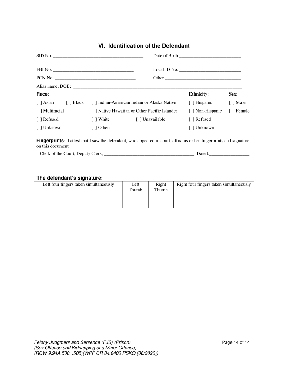Form WPF CR84.0400 PSKO Felony Judgment and Sentence  Prison (Sex Offense and Kidnapping of a Minor) - Washington, Page 14