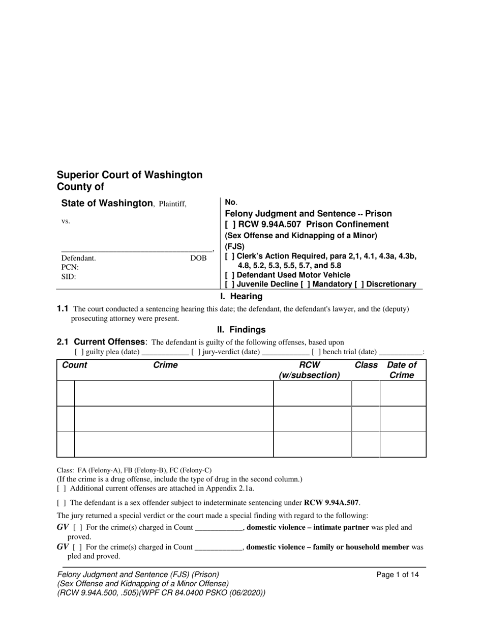 Form WPF CR84.0400 PSKO Felony Judgment and Sentence  Prison (Sex Offense and Kidnapping of a Minor) - Washington, Page 1