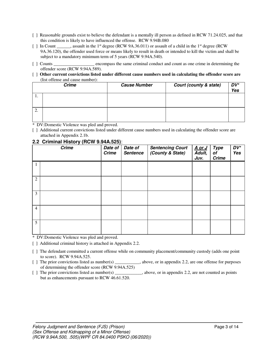 Form WPF CR84.0400 PSKO Felony Judgment and Sentence  Prison (Sex Offense and Kidnapping of a Minor) - Washington, Page 3