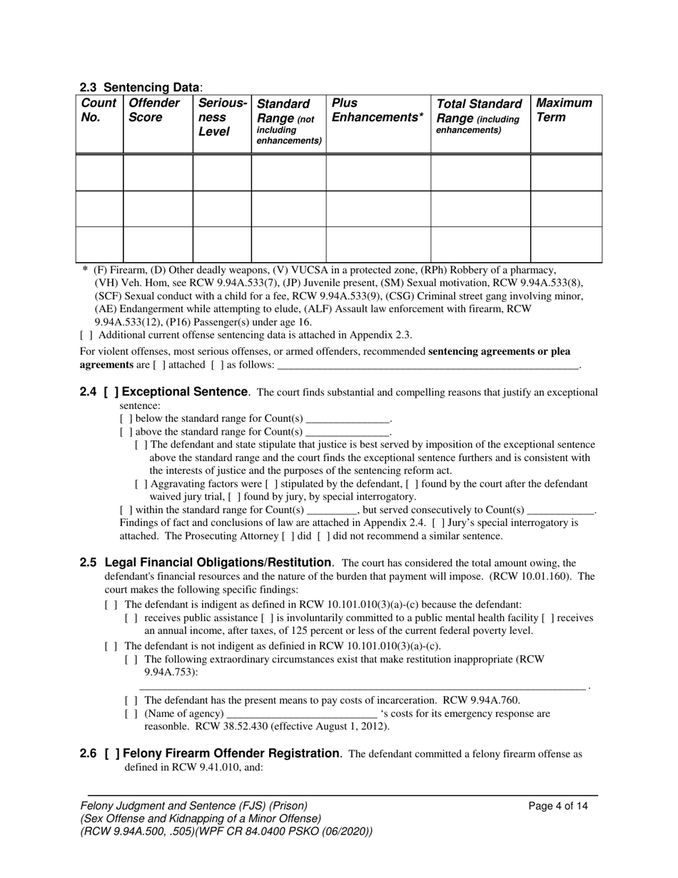 Form WPF CR84.0400 PSKO Felony Judgment and Sentence  Prison (Sex Offense and Kidnapping of a Minor) - Washington, Page 4