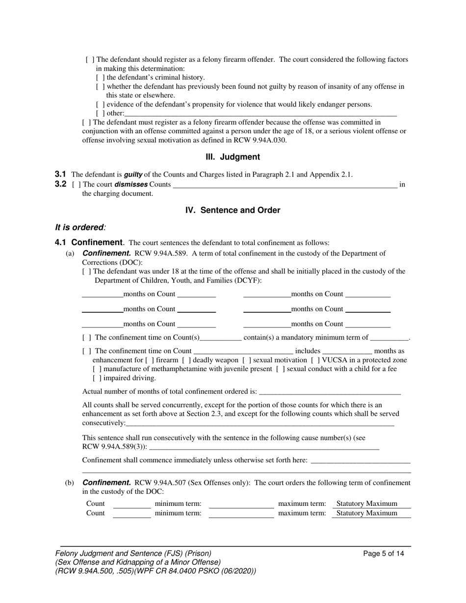 Form WPF CR84.0400 PSKO Felony Judgment and Sentence  Prison (Sex Offense and Kidnapping of a Minor) - Washington, Page 5