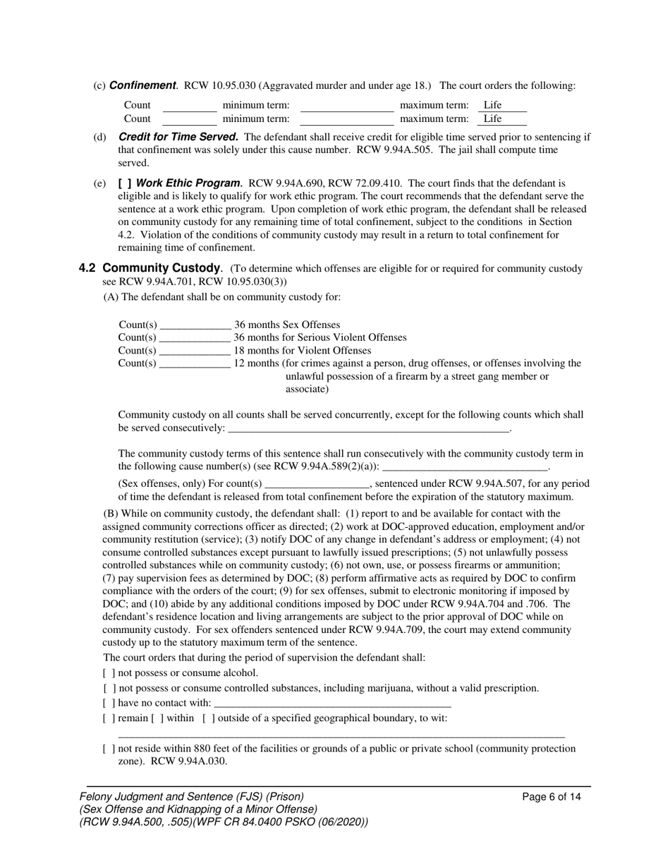 Form WPF CR84.0400 PSKO Felony Judgment and Sentence  Prison (Sex Offense and Kidnapping of a Minor) - Washington, Page 6