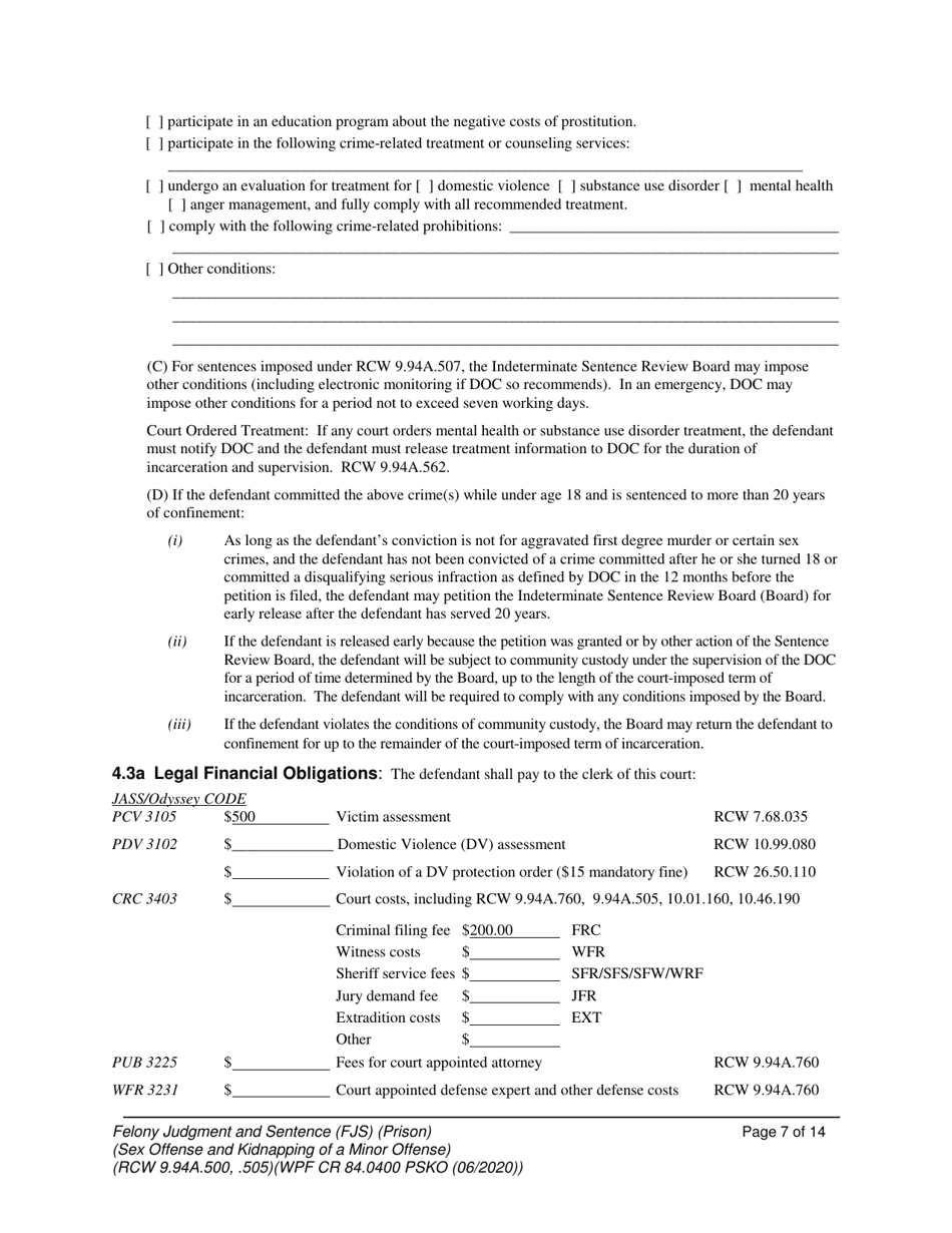 Form WPF CR84.0400 PSKO Felony Judgment and Sentence  Prison (Sex Offense and Kidnapping of a Minor) - Washington, Page 7