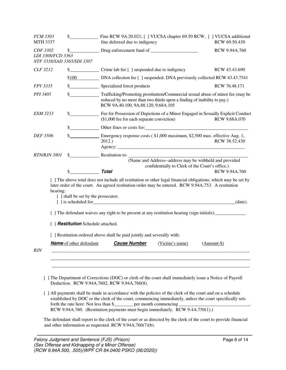 Form WPF CR84.0400 PSKO Felony Judgment and Sentence  Prison (Sex Offense and Kidnapping of a Minor) - Washington, Page 8