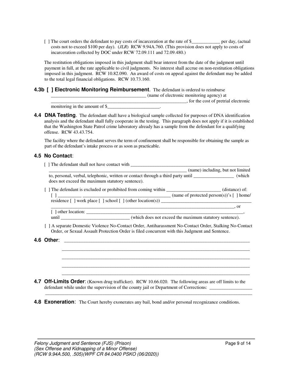 Form WPF CR84.0400 PSKO Felony Judgment and Sentence  Prison (Sex Offense and Kidnapping of a Minor) - Washington, Page 9