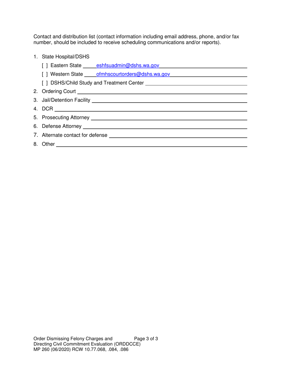 Form MP260 Order Dismissing Felony Charges and Directing Civil Commitment Evaluation - Washington, Page 3