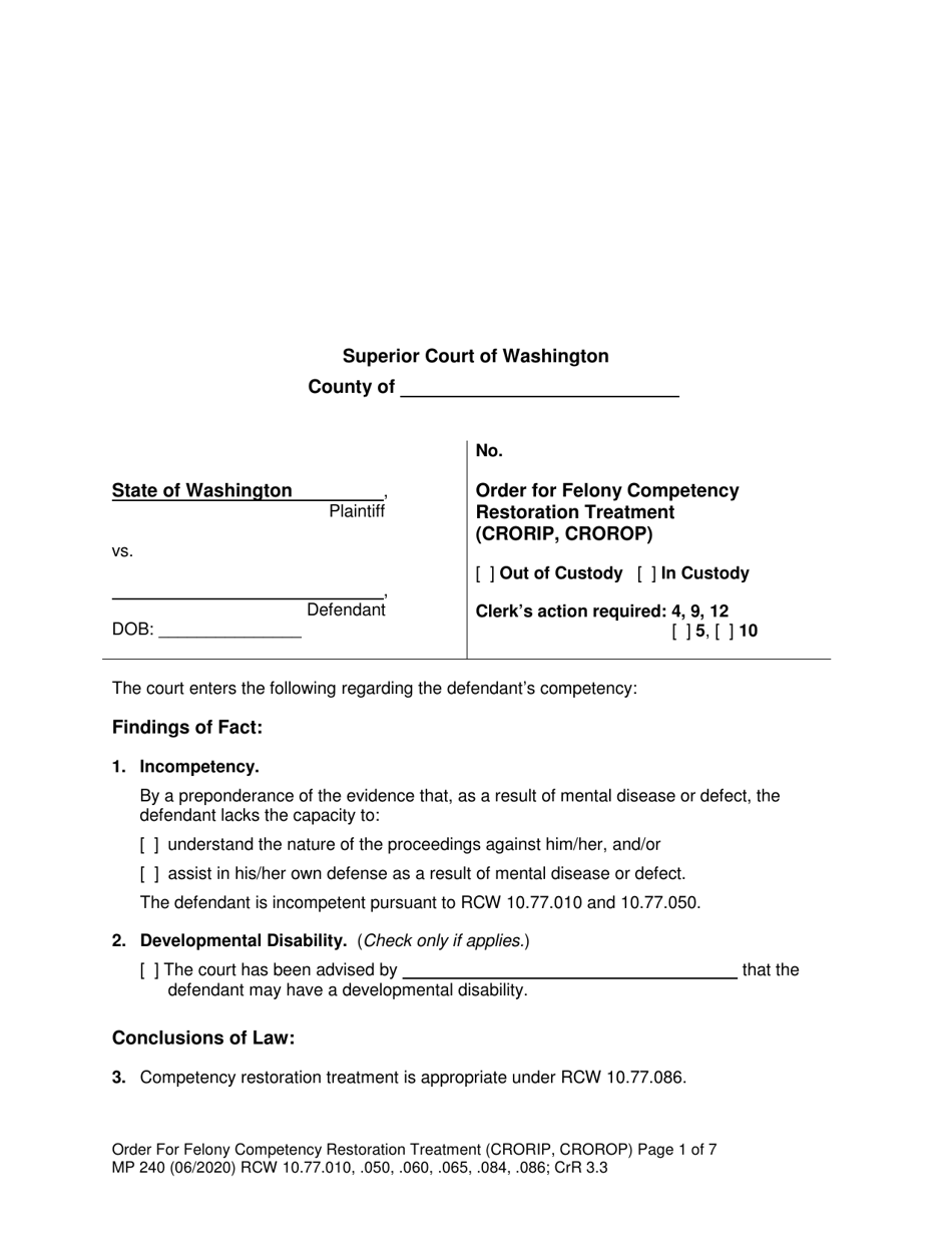 Form MP240 Order for Competency Restoration Treatment (Felony) - Washington, Page 1