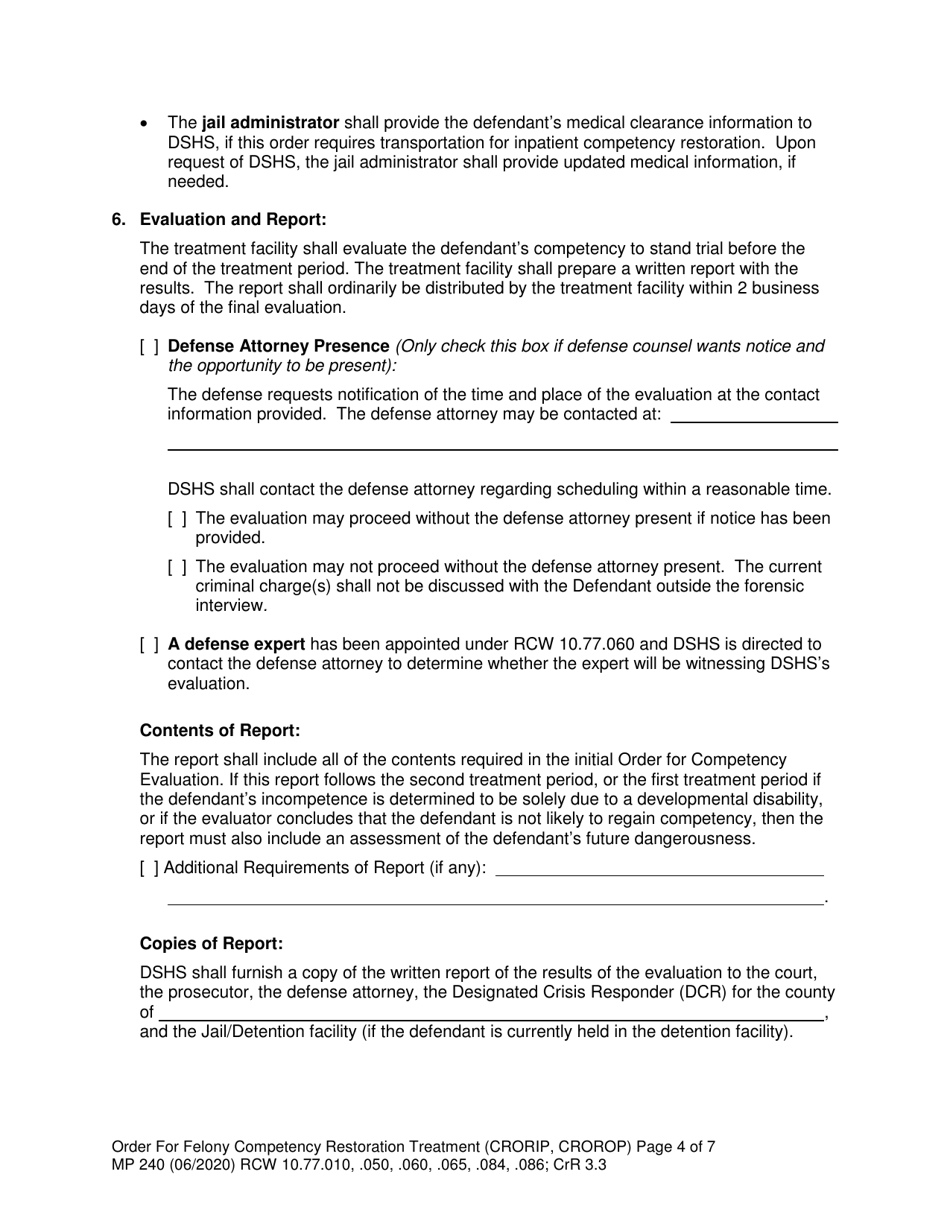 Form MP240 Order for Competency Restoration Treatment (Felony) - Washington, Page 4