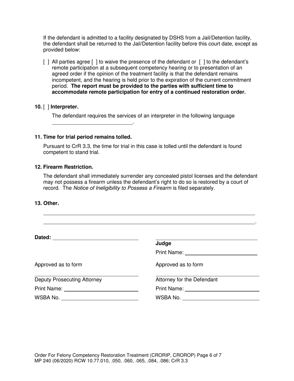 Form MP240 Order for Competency Restoration Treatment (Felony) - Washington, Page 6