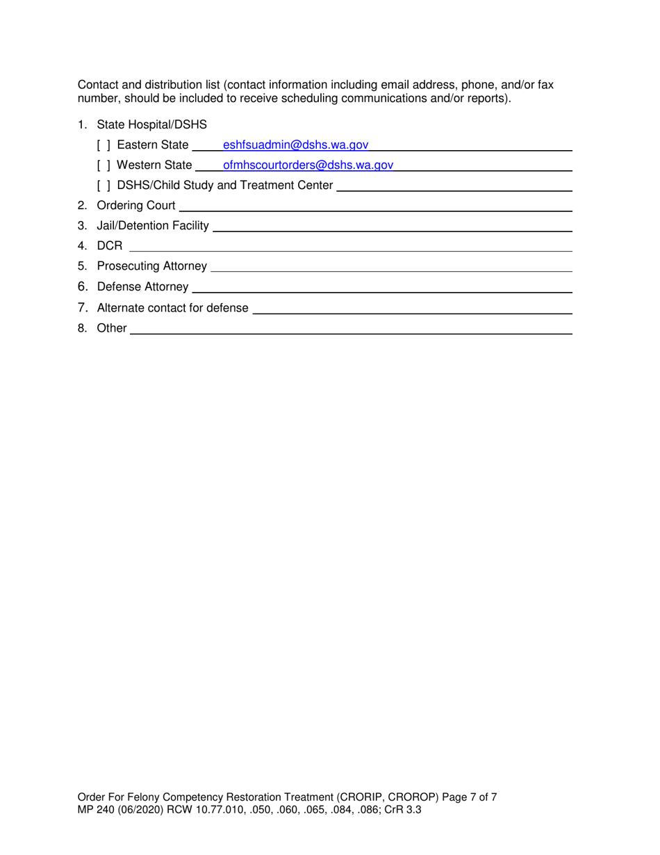 Form MP240 Order for Competency Restoration Treatment (Felony) - Washington, Page 7