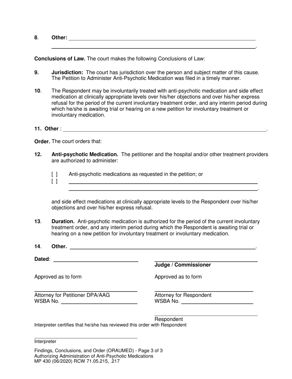 Form MP430 Findings, Conclusions, and Order Authorizing Administration of Anti-psychotic Medications - Washington, Page 3