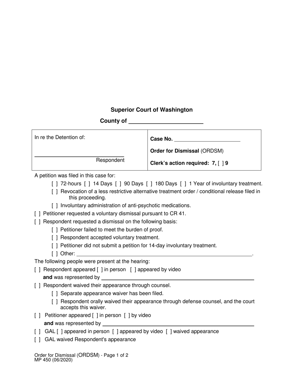Form MP450 Order for Dismissal (Ordsm) - Washington, Page 1