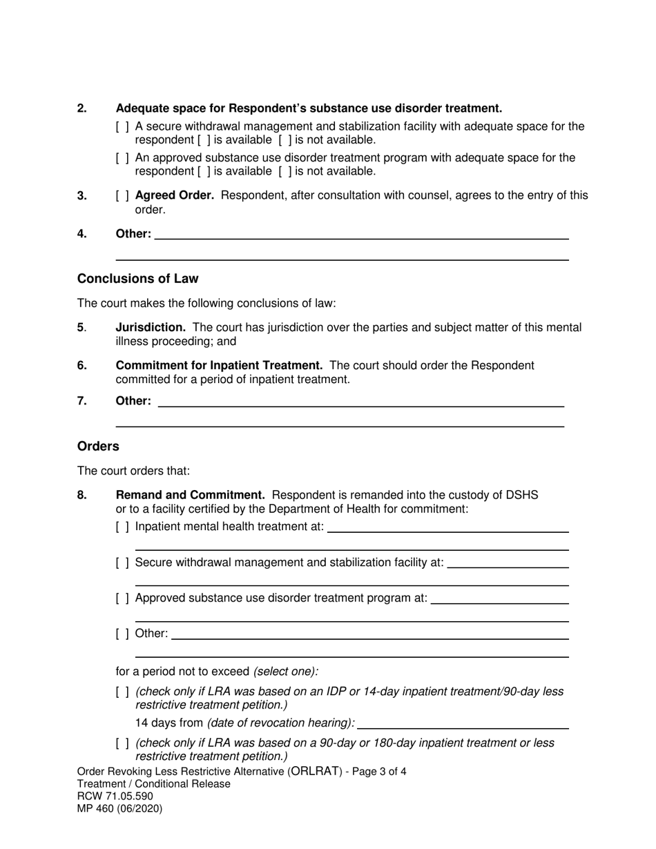 Form MP460 Order Revoking Less Restrictive Alternative Treatment / Conditional Release (Orlrat) - Washington, Page 3