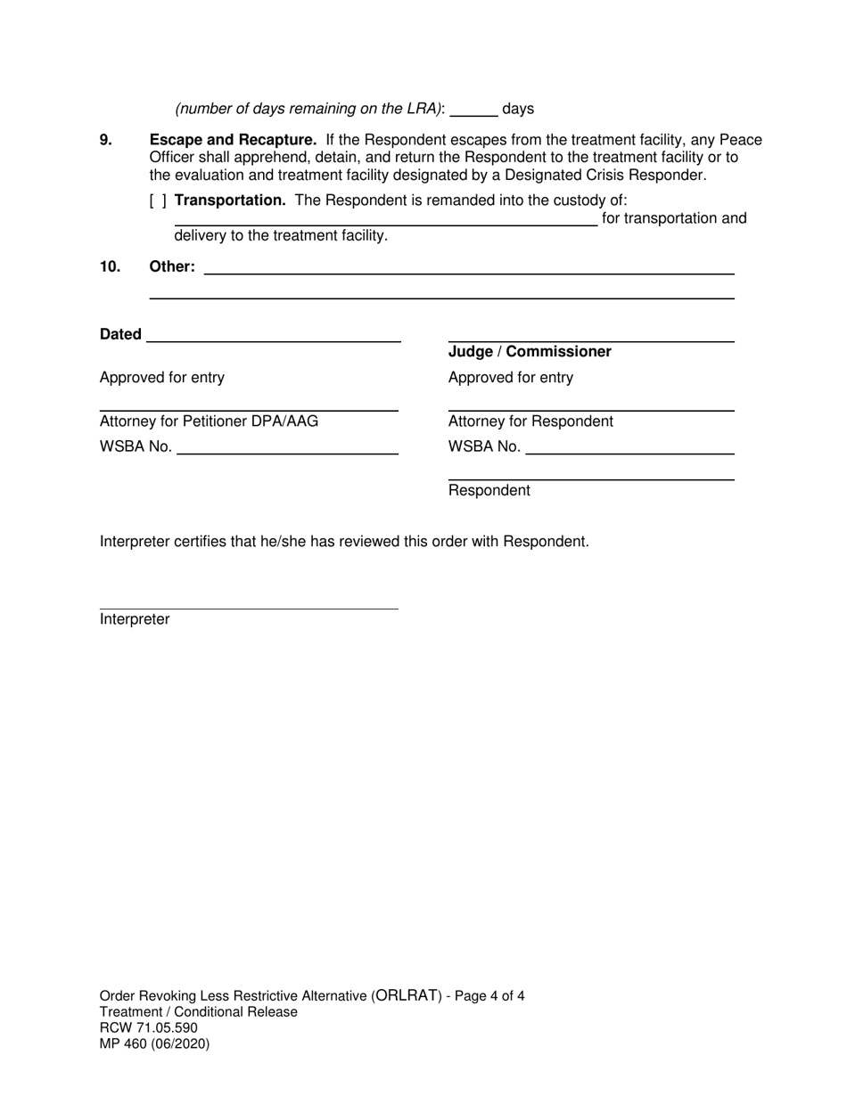 Form MP460 Order Revoking Less Restrictive Alternative Treatment / Conditional Release (Orlrat) - Washington, Page 4