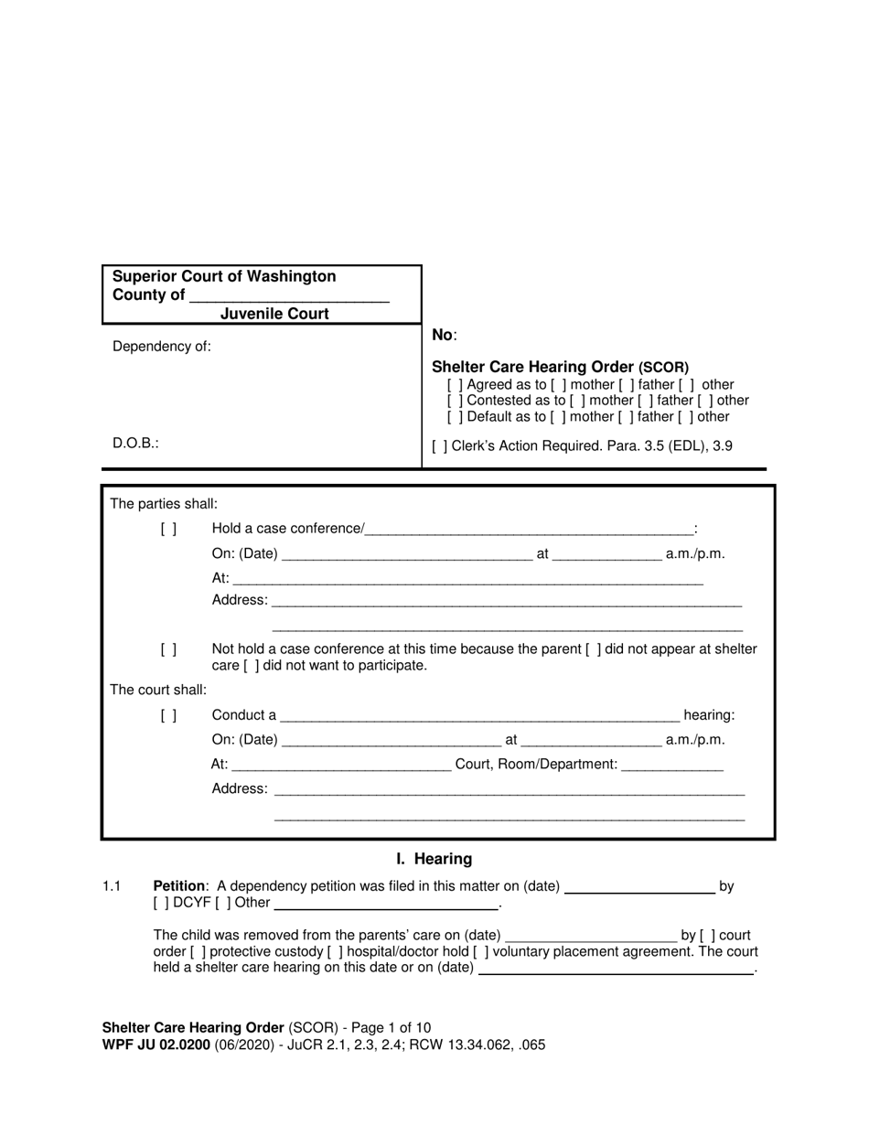 Form WPF JU02.0200 Shelter Care Hearing Order (Scor) - Washington, Page 1