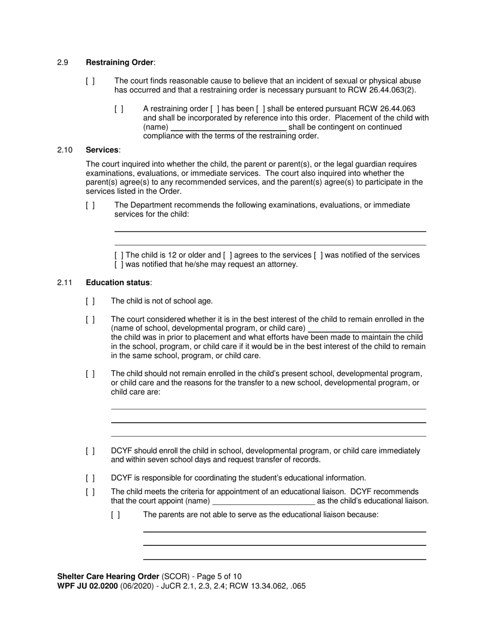 Form WPF JU02.0200 Shelter Care Hearing Order (Scor) - Washington, Page 5