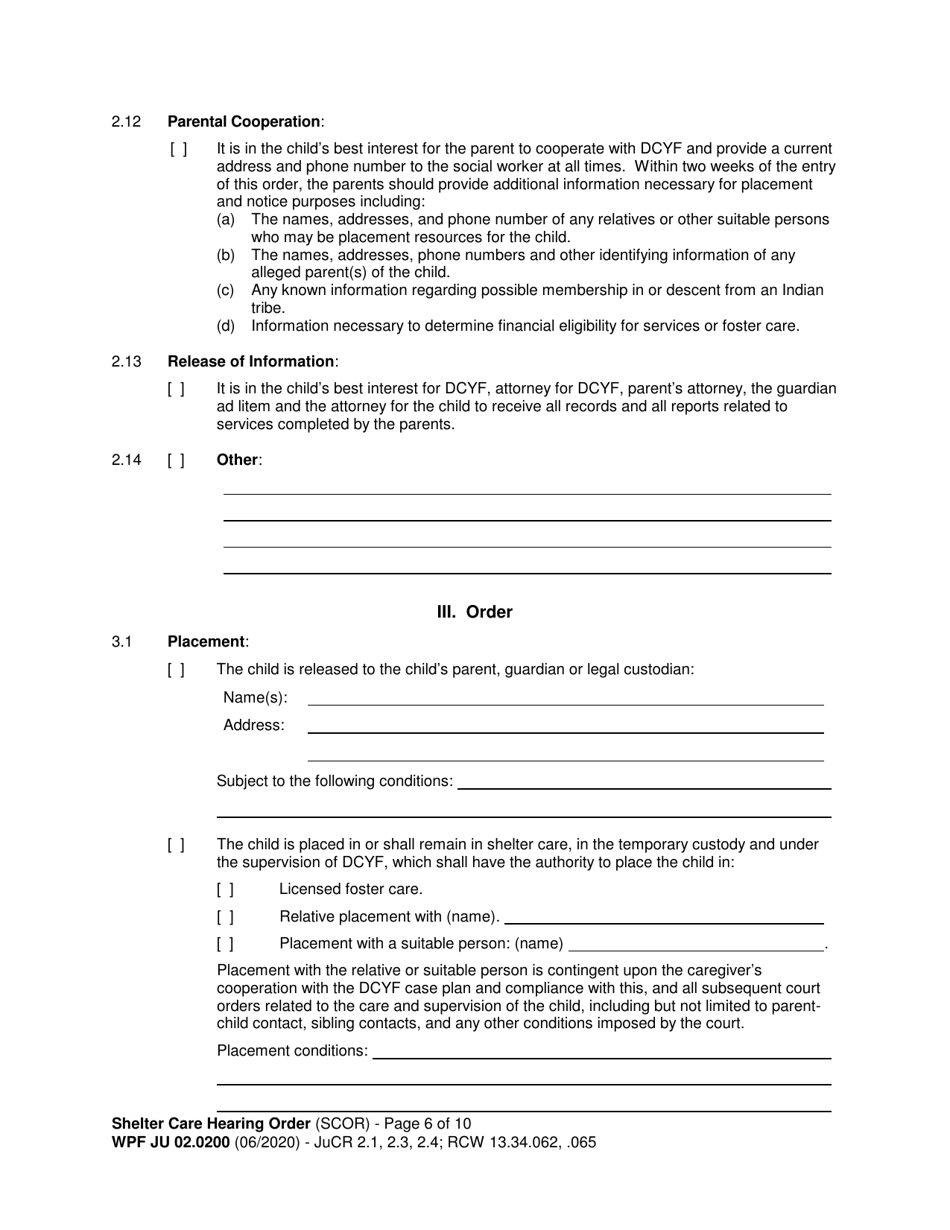 Form WPF JU02.0200 Shelter Care Hearing Order (Scor) - Washington, Page 6