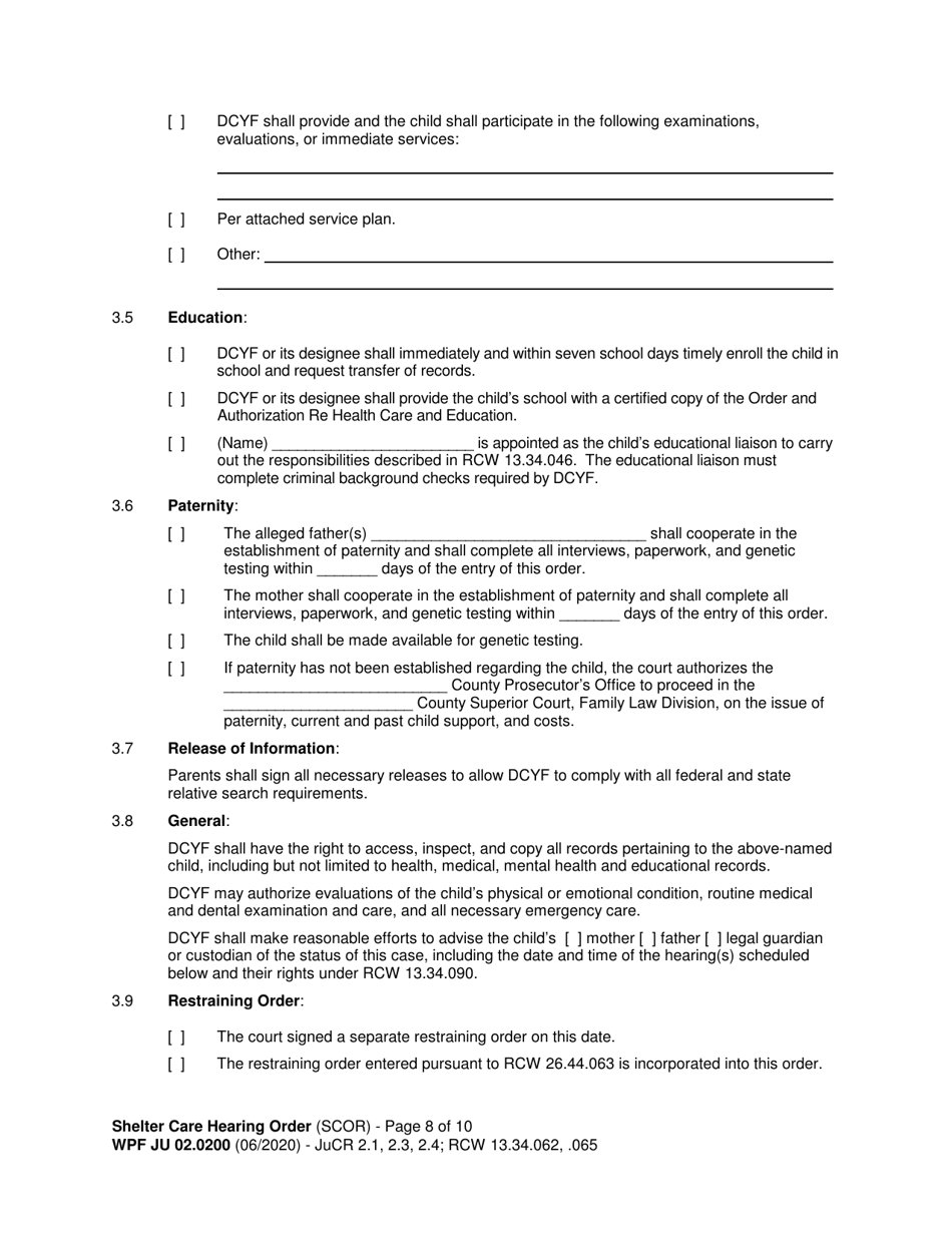 Form WPF JU02.0200 Shelter Care Hearing Order (Scor) - Washington, Page 8