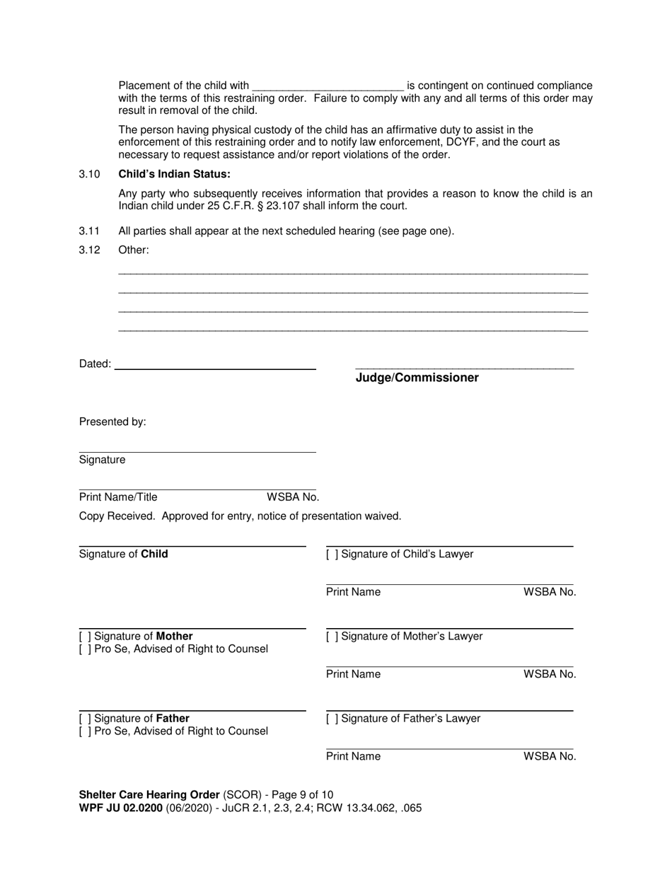 Form WPF JU02.0200 Shelter Care Hearing Order (Scor) - Washington, Page 9