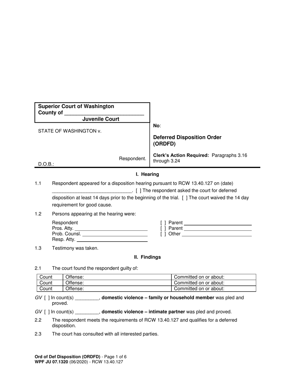 Form WPF JU07.1320 Deferred Disposition Order (Ordfd) - Washington, Page 1