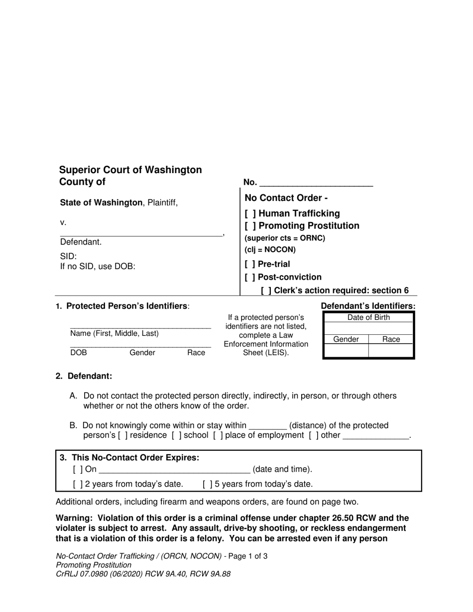 Form CrRLJ07.0980 No-Contact Order - Human Trafficking / Promoting Prostitution - Washington, Page 1