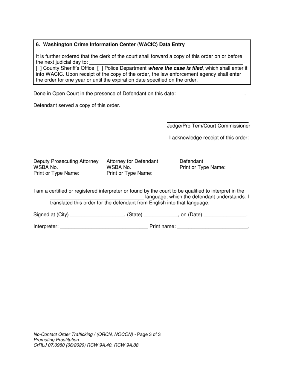 Form CrRLJ07.0980 No-Contact Order - Human Trafficking / Promoting Prostitution - Washington, Page 3