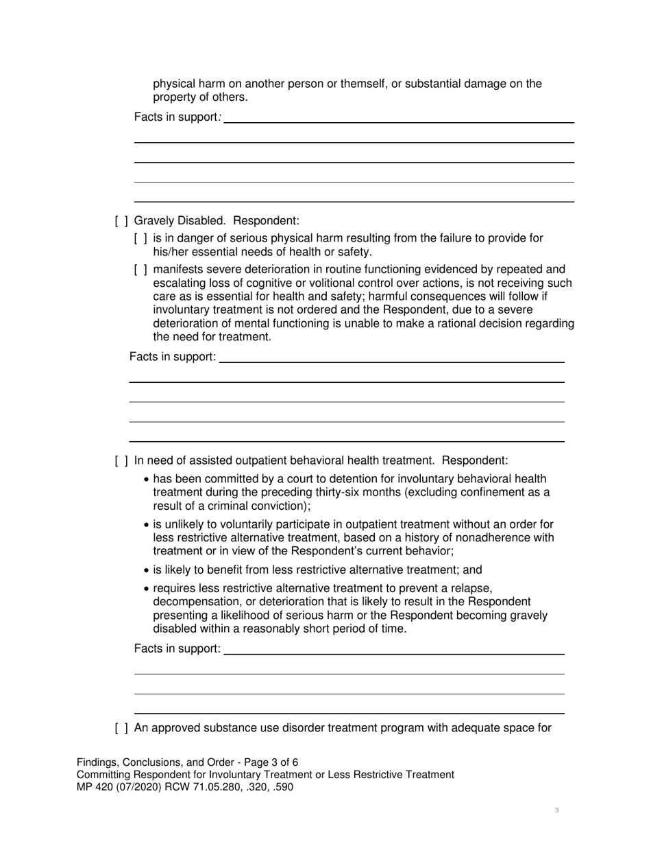 Form MP420 Findings, Conclusions, and Order Committing Respondent for Involuntary Treatment or Less Restrictive Treatment (90-day, 180-day, 90-day LRA, 180-day LRA, 1-year LRA, 90-day Aot, 180-day Aot) - Washington, Page 3