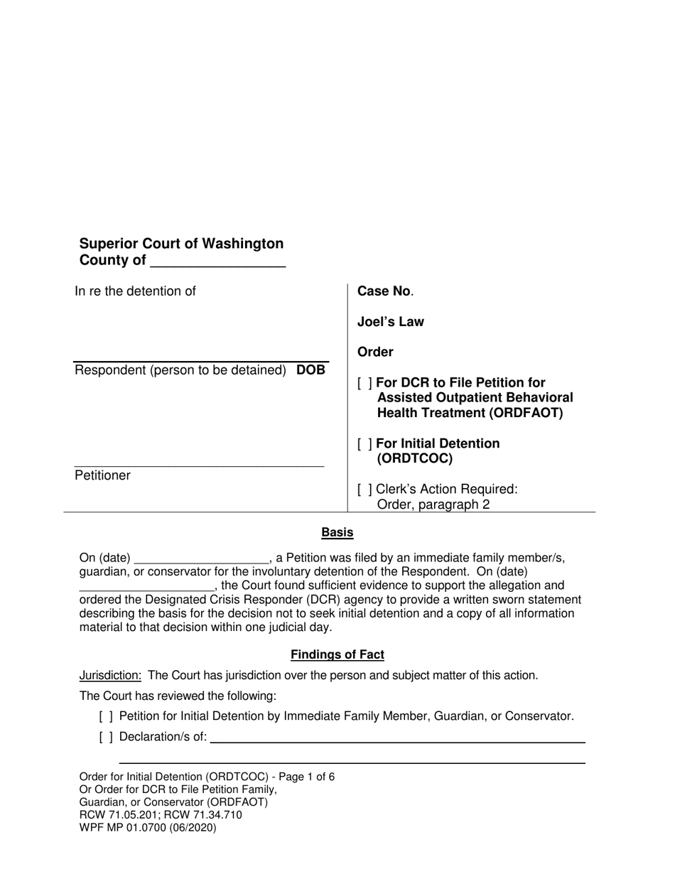 Form MP01.0700 Joels Law Order for Initial Detention - Washington, Page 1