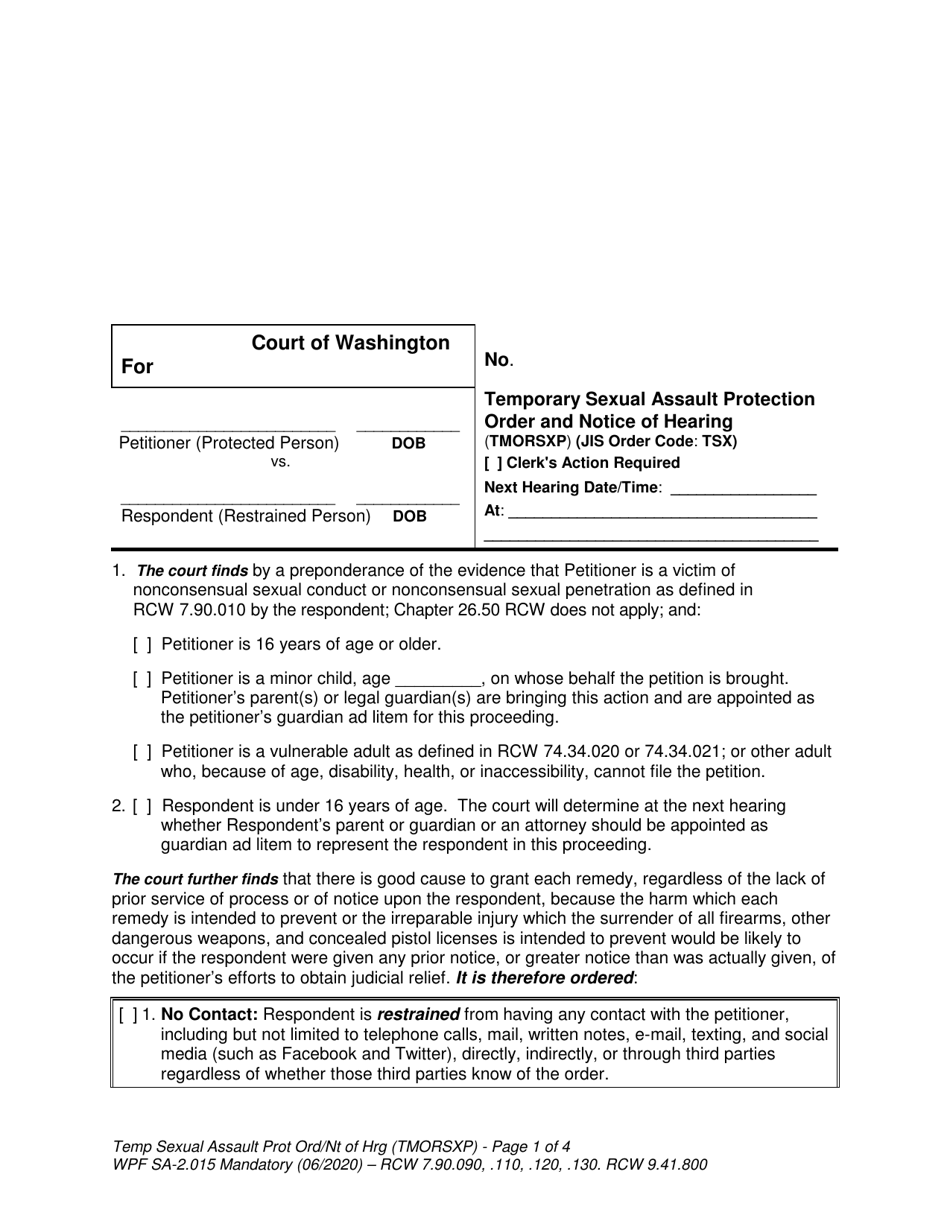 Form SA2.015 Temporary Sexual Assault Protection Order and Notice of Hearing (Tmorsxp) - Washington, Page 1