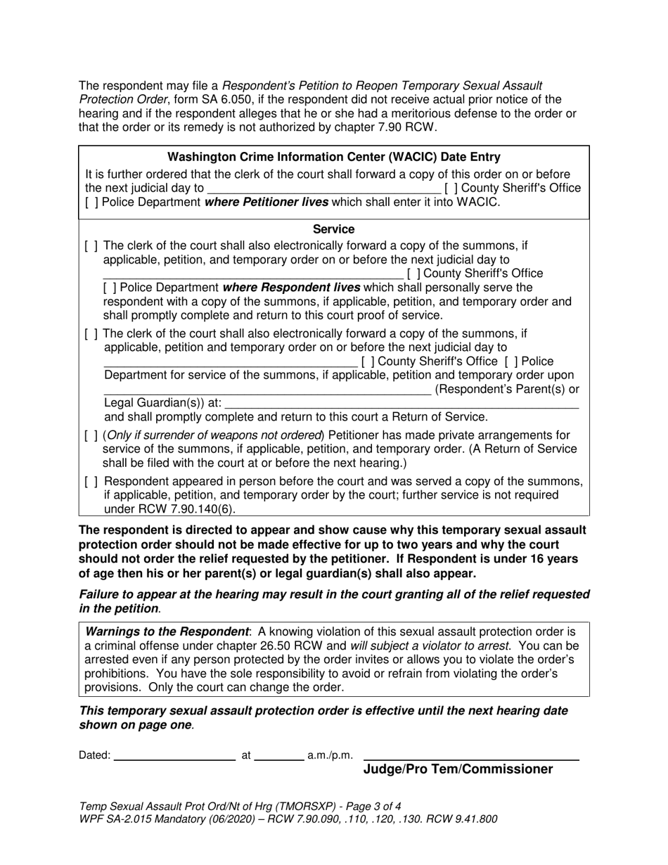 Form SA2.015 Temporary Sexual Assault Protection Order and Notice of Hearing (Tmorsxp) - Washington, Page 3