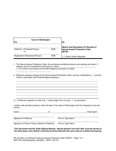 Form SA5.030 Motion and Declaration for Renewal of Sexual Assault Protection Order (Mtaf) - Washington