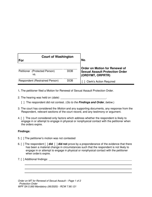 Form SA5.060 Order on Motion for Renewal of Sexual Assault Protection Order - Washington