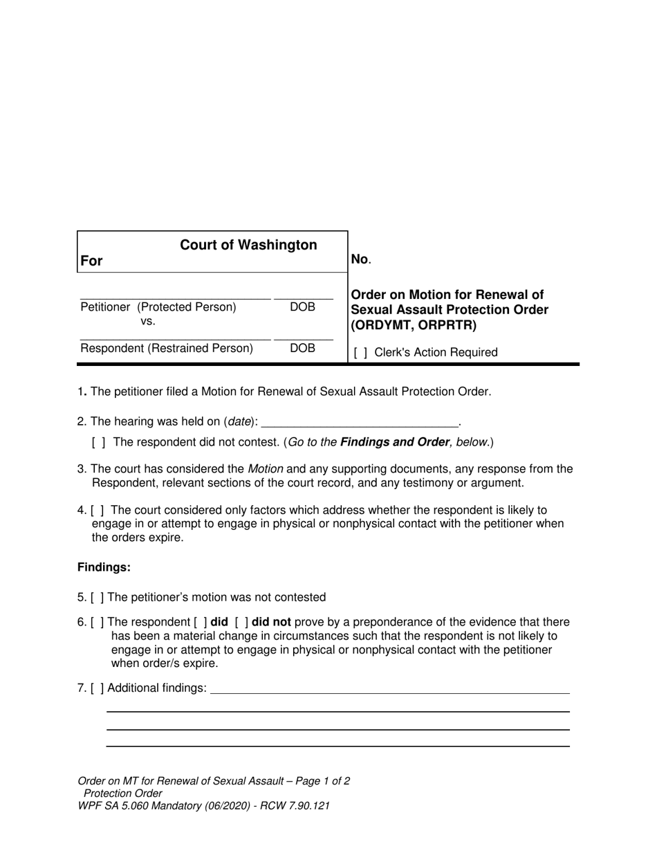 Form SA5.060 Order on Motion for Renewal of Sexual Assault Protection Order - Washington, Page 1