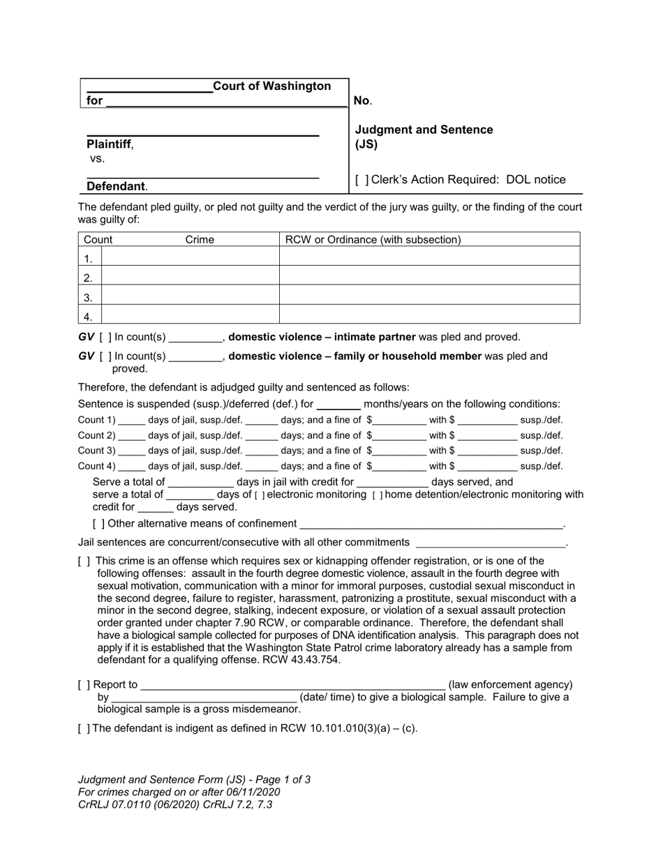 Form CrRLJ07.0110 Judgment and Sentence (Js) - Washington, Page 1