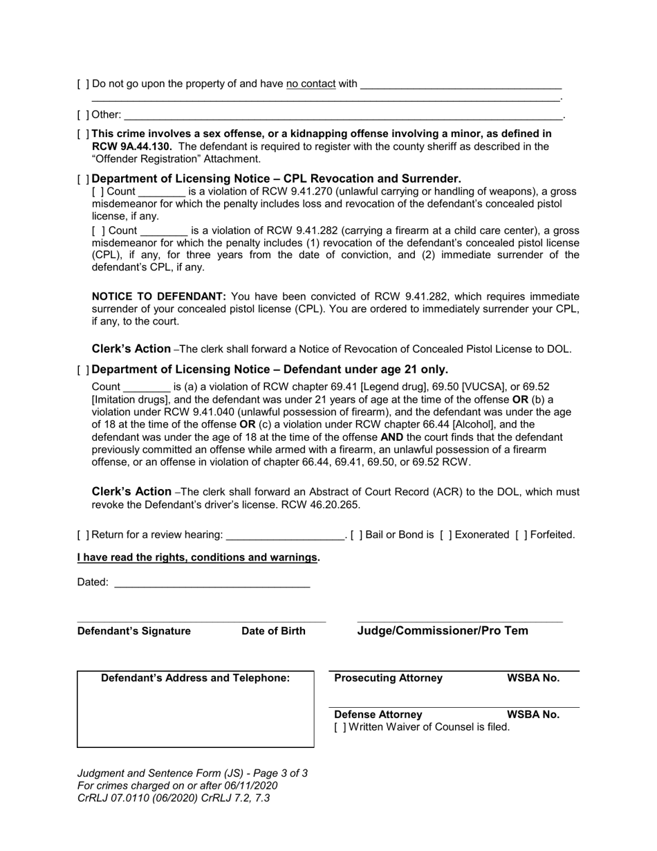 Form CrRLJ07.0110 Judgment and Sentence (Js) - Washington, Page 3