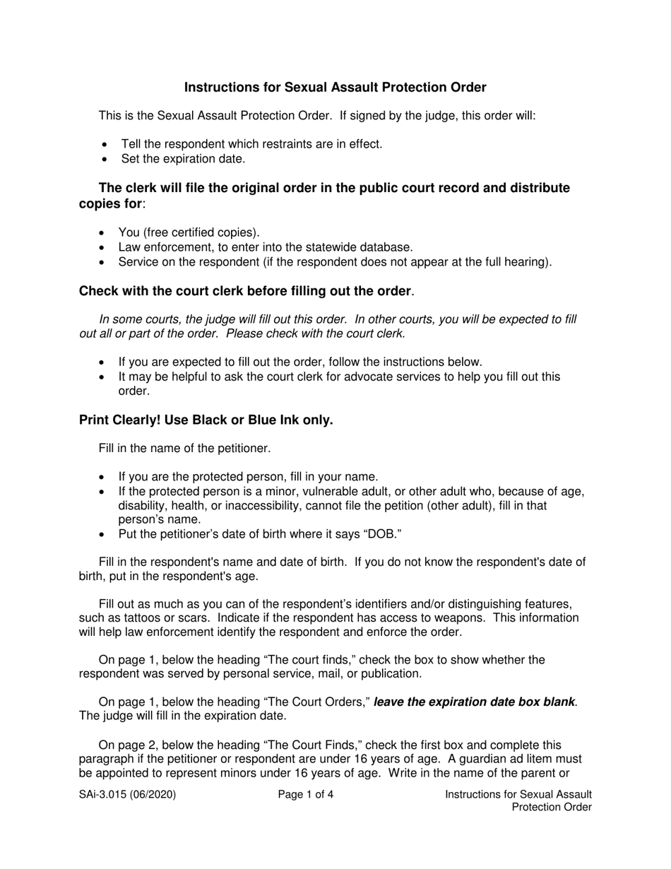 Instructions for Form SA3.015 Sexual Assault Protection Order (Orsxp) - Washington, Page 1