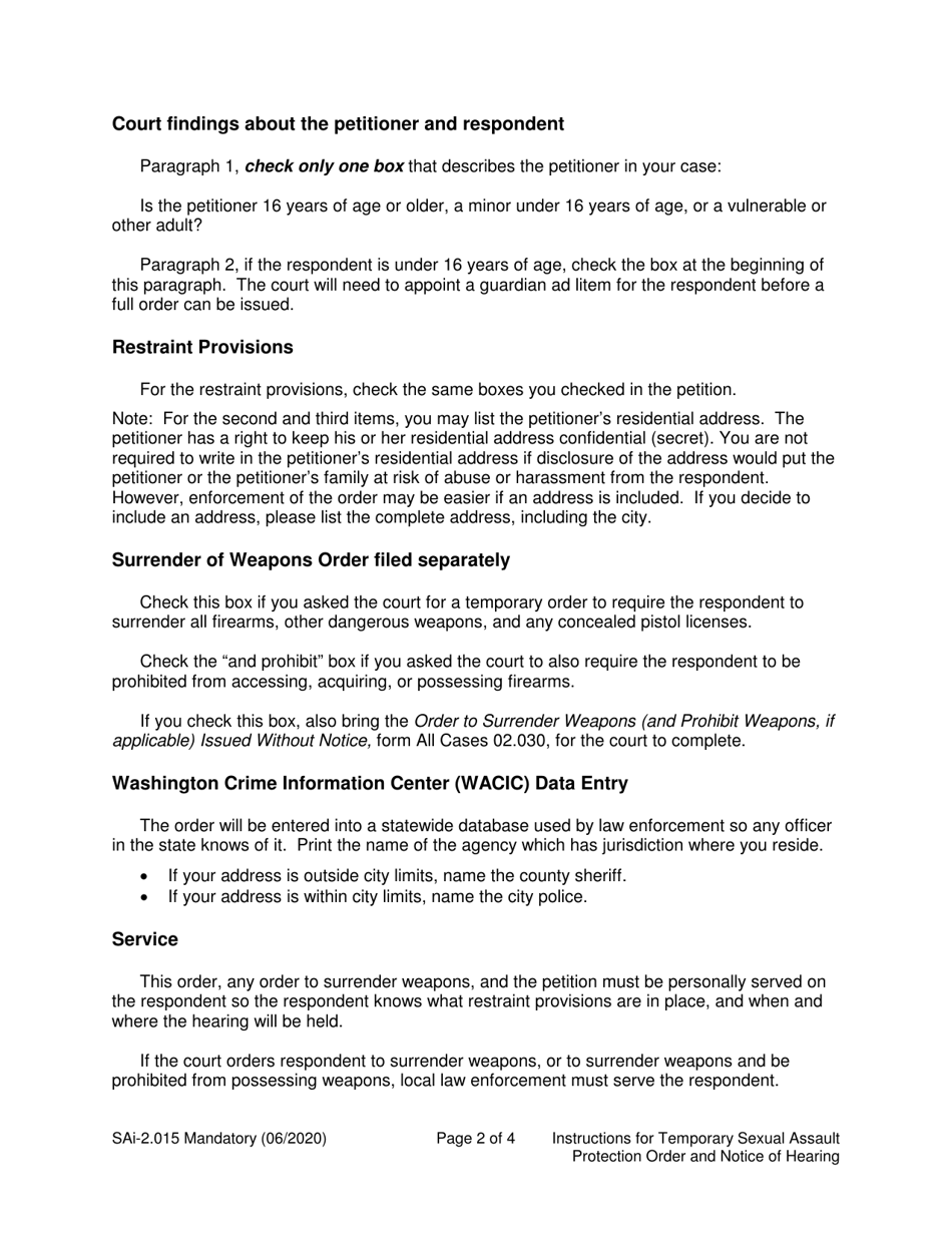 Instructions for Form SA2.015 Temporary Sexual Assault Protection Order and Notice of Hearing (Tmorsxp) - Washington, Page 2