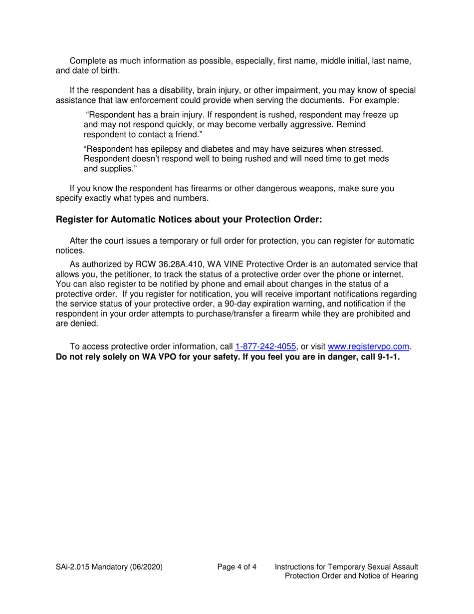 Instructions for Form SA2.015 Temporary Sexual Assault Protection Order and Notice of Hearing (Tmorsxp) - Washington, Page 4