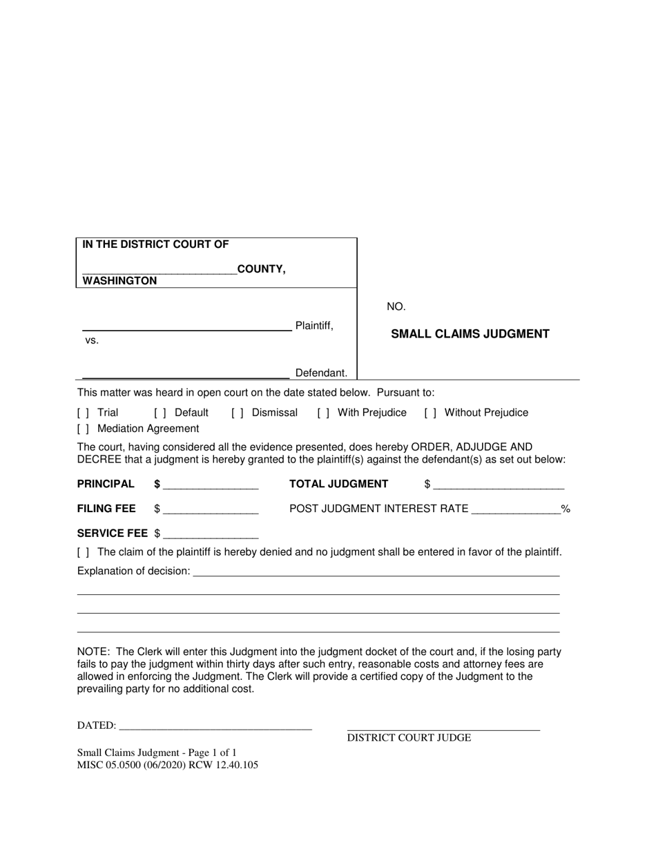 Form MISC05.0500 Small Claims Judgement - Washington, Page 1