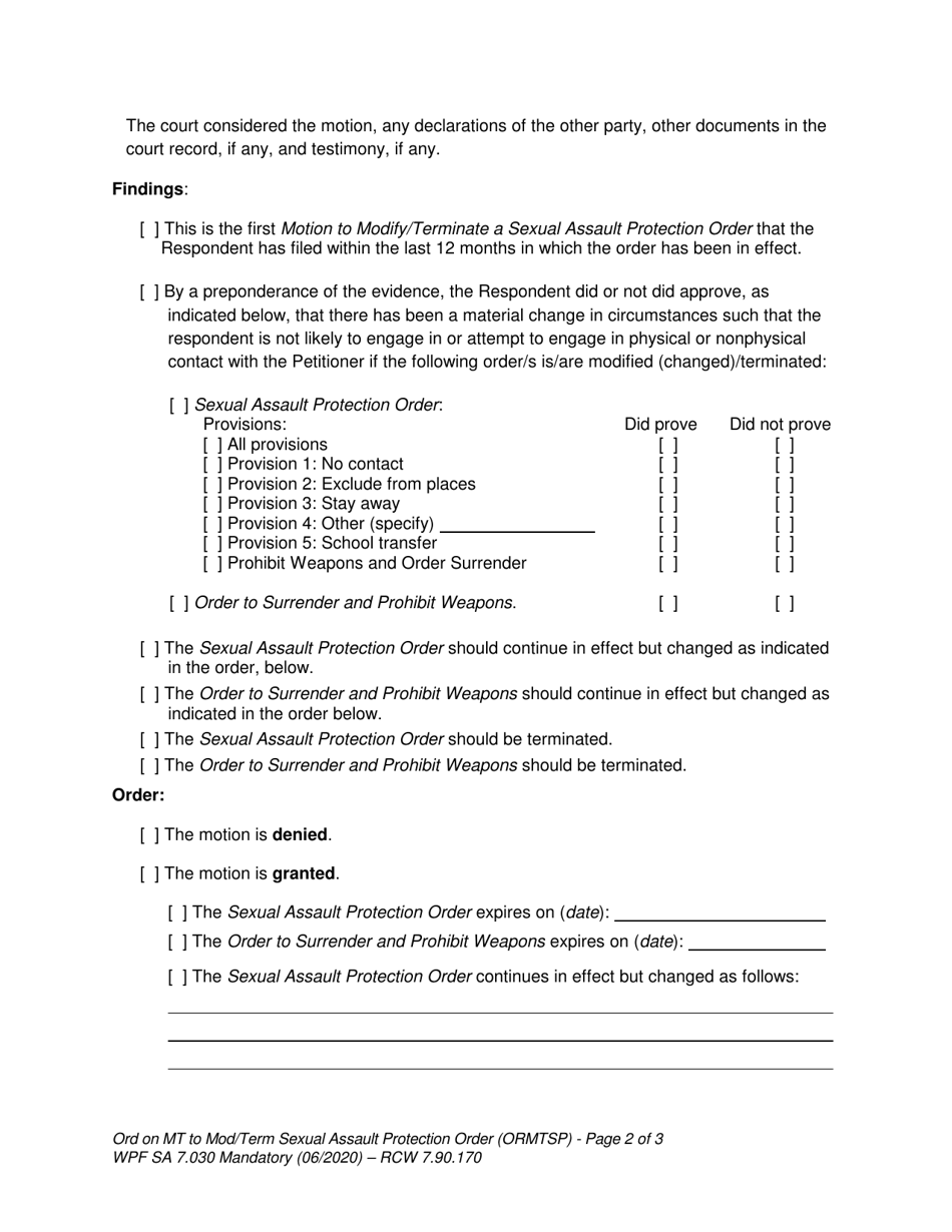 Form SA7.030 Order Modifying / Terminating Sexual Assault Protection Order (Ormtsp) - Washington, Page 2