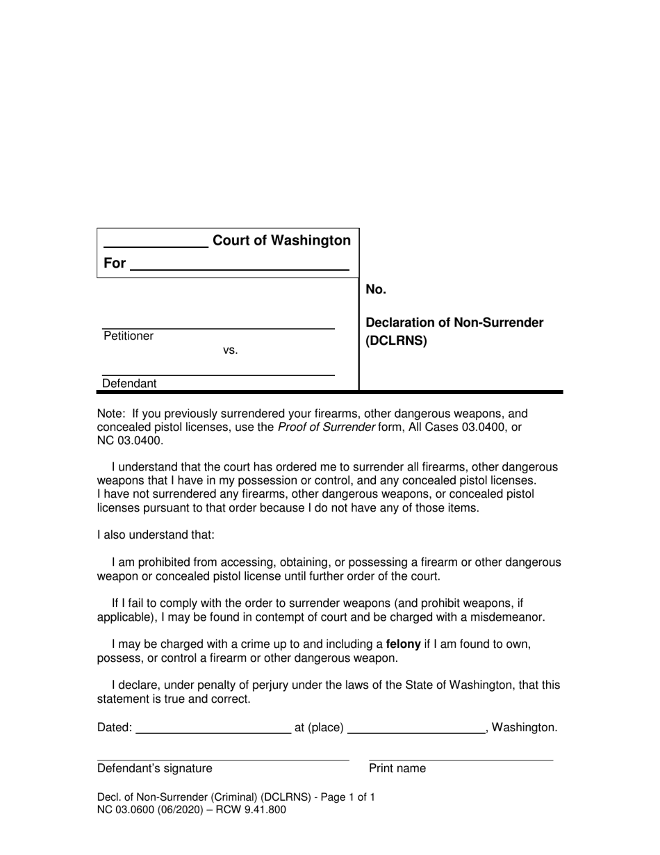 Form NC03.0600 Declaration of Non-surrender (Criminal) - Washington, Page 1