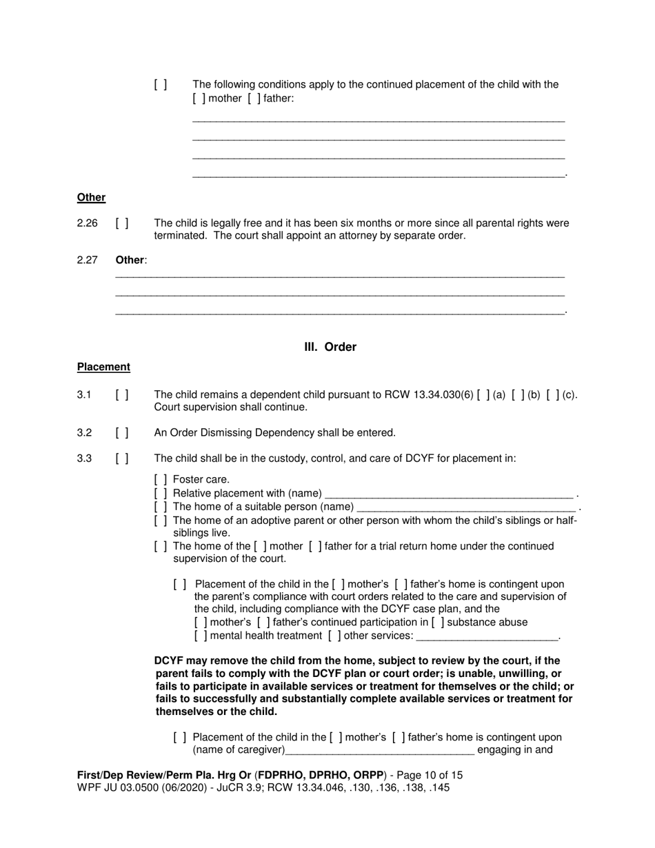 Form JU03.0500 Order After Hearing: First Dependency Review / Dependency Review / Permanency Planning - Washington, Page 10