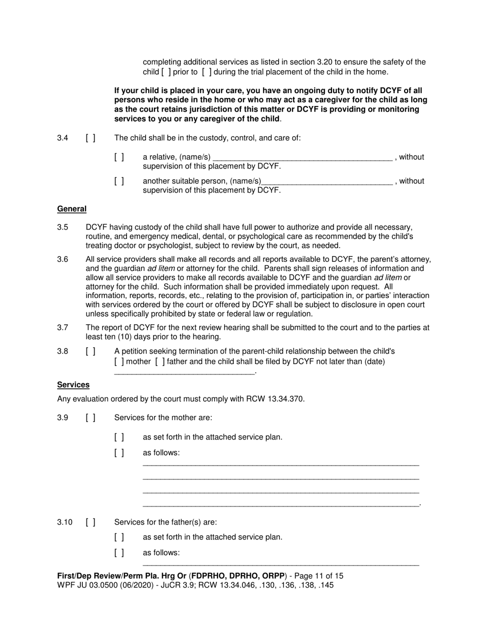 Form JU03.0500 Order After Hearing: First Dependency Review / Dependency Review / Permanency Planning - Washington, Page 11